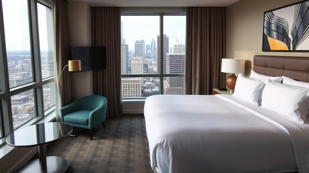 Modern hotel room interior with comfortable king bed, contemporary furniture, city skyline visible through window, Philadelphia downtown architecture in background
