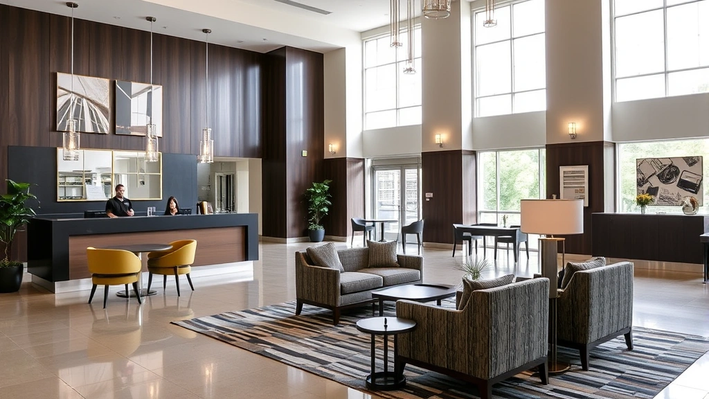 Philadelphia hotel lobby with welcoming contemporary design, comfortable seating areas, helpful front desk staff, bright natural lighting from windows