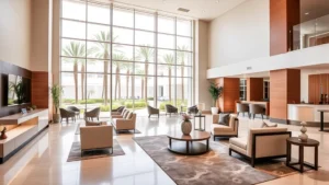 Modern hotel lobby with contemporary furnishings, comfortable seating areas, and bright natural lighting from large windows overlooking a resort courtyard with palm trees