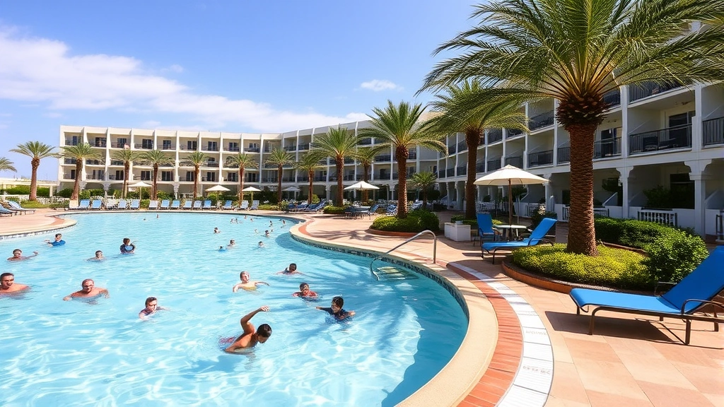 Family-friendly hotel pool area during daytime with multiple swimmers, lounge chairs, palm trees, clear blue water, and resort buildings in background