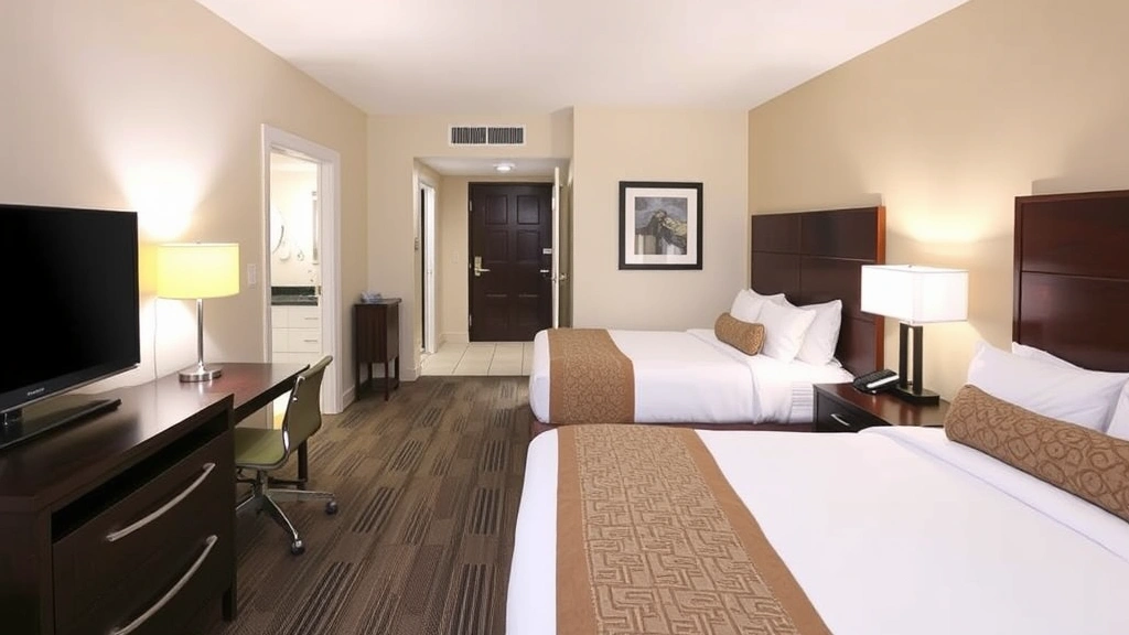Hotel room interior featuring two queen beds, modern décor, flat-screen TV, work desk, and clean bathroom visible through open door with contemporary fixtures