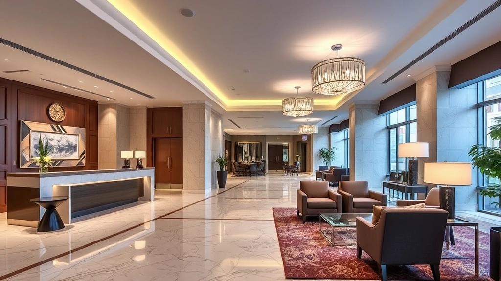 Upscale hotel lobby with marble floors, contemporary furniture, professional concierge desk, elegant lighting fixtures, and comfortable seating areas for guests