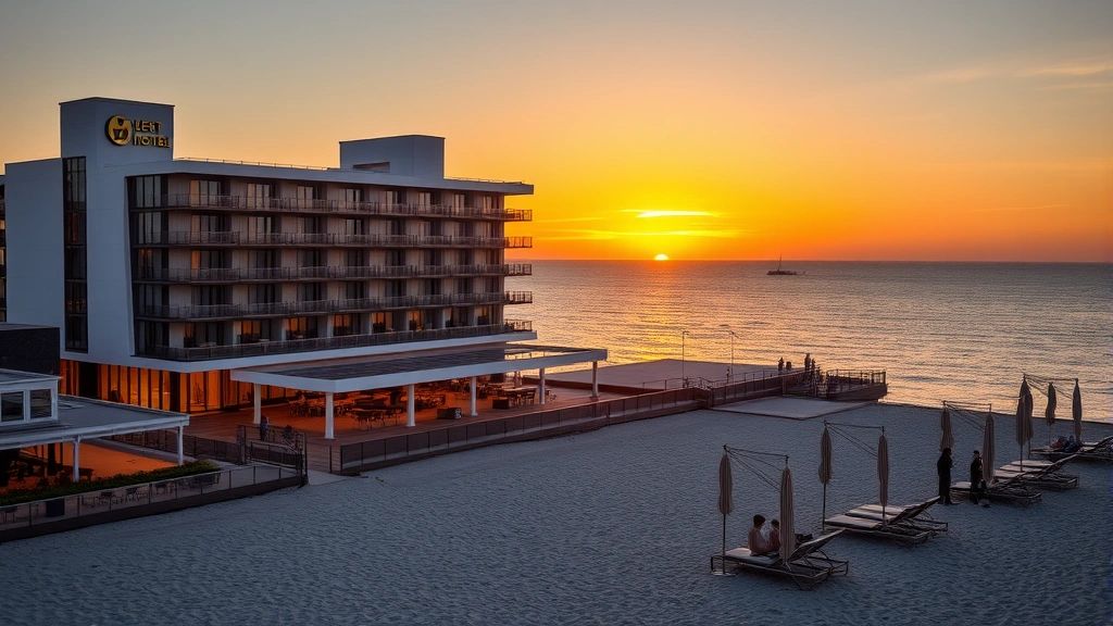 Modern waterfront hotel at sunset with Lake Michigan in background, guests on private beach with lounge chairs, golden hour lighting, no text or signage visible