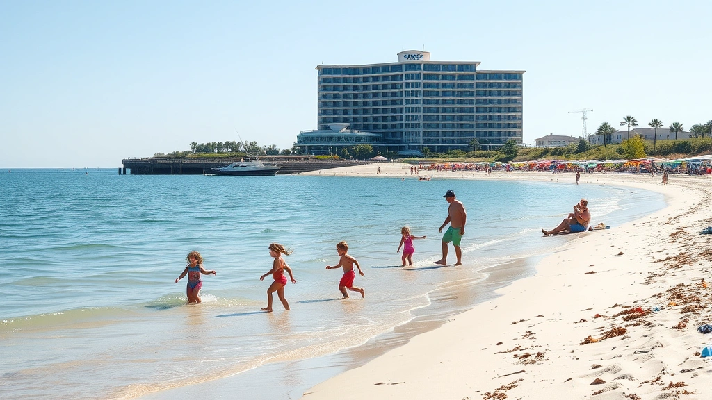 Family enjoying sandy Lake Michigan beach near hotel, children playing in shallow water, parents relaxing under umbrellas, clear summer day, no buildings or addresses shown
