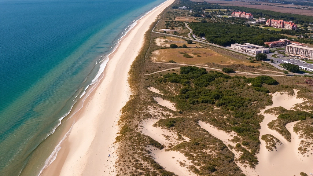 Aerial view of Lake Michigan coastline with sandy dunes and beach vegetation, hotel grounds visible in distance, natural landscape focus, no identifying text or numbers