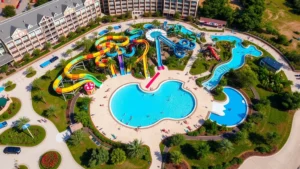 Aerial view of a sprawling resort property with multiple colorful water slides, lazy river, and wave pool surrounded by manicured landscaping, bright sunny day, families enjoying water attractions, professional photography style