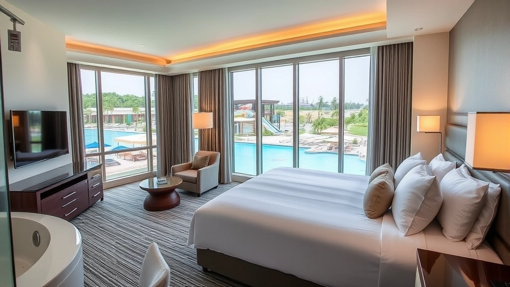Modern hotel suite interior with comfortable king bed, contemporary furnishings, large windows overlooking waterpark facilities, clean bathroom with premium fixtures, warm inviting lighting, resort room aesthetic