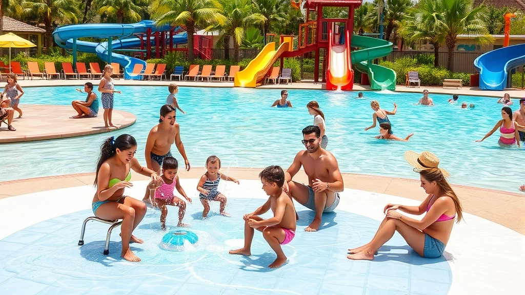 Diverse families of various ages enjoying outdoor waterpark features including children on splash pad, parents on lounge chairs, teenagers on water slides, clear blue pools, tropical landscaping, summer vacation atmosphere