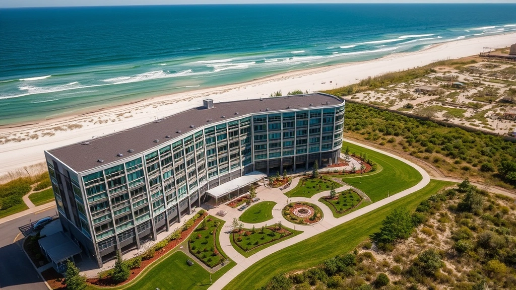 Aerial view of a modern hotel property with manicured grounds overlooking Lake Michigan shoreline with sandy beach and dune vegetation in background, bright daylight