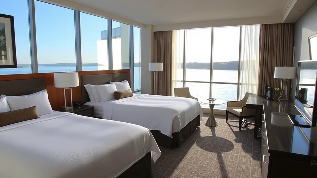 Comfortable hotel room interior with two queen beds, large windows showing water view, contemporary furnishings, natural light from afternoon sun streaming through curtains