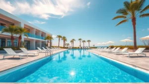 Modern resort-style outdoor swimming pool with clear turquoise water, white lounge chairs, palm trees, and sunny skies reflecting off the surface, photorealistic daytime scene