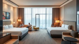 Modern hotel suite interior showing two connected bedrooms with open connecting door between them, contemporary furniture, families relaxing in separate spaces, warm lighting, professional photography