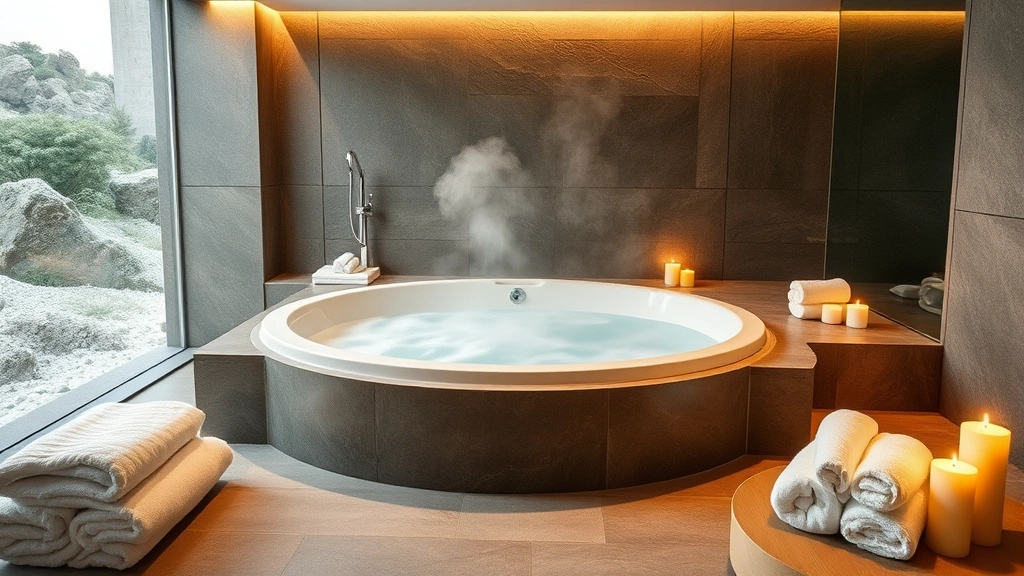 Luxurious modern bathroom with large jetted bathtub filled with steaming water, soft ambient lighting, fluffy white towels nearby, spa-like atmosphere with natural stone accents and candles