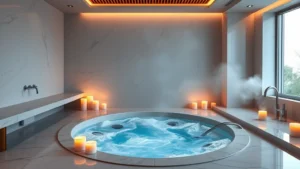 Modern spa-style bathroom with sunken hot tub surrounded by candles, marble countertops, and soft warm lighting, steam rising from water, luxury bathroom fixtures visible, resort-quality design, natural light from window