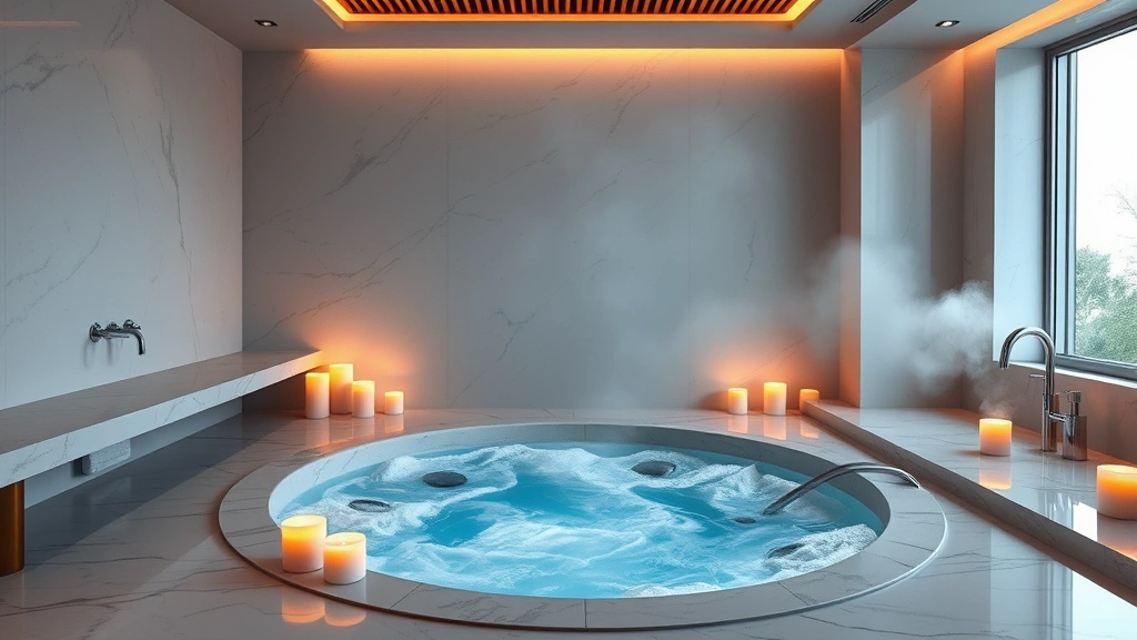 Modern spa-style bathroom with sunken hot tub surrounded by candles, marble countertops, and soft warm lighting, steam rising from water, luxury bathroom fixtures visible, resort-quality design, natural light from window