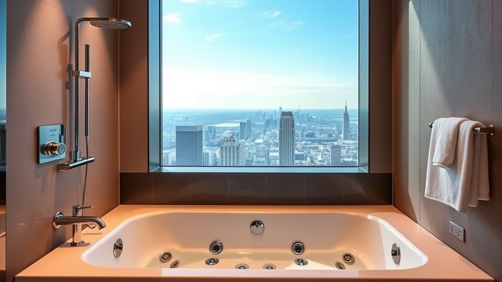 Upscale hotel suite bathroom featuring sleek in-room hot tub with jets, contemporary fixtures, rainfall showerhead, heated towel rack, panoramic window with city or nature views