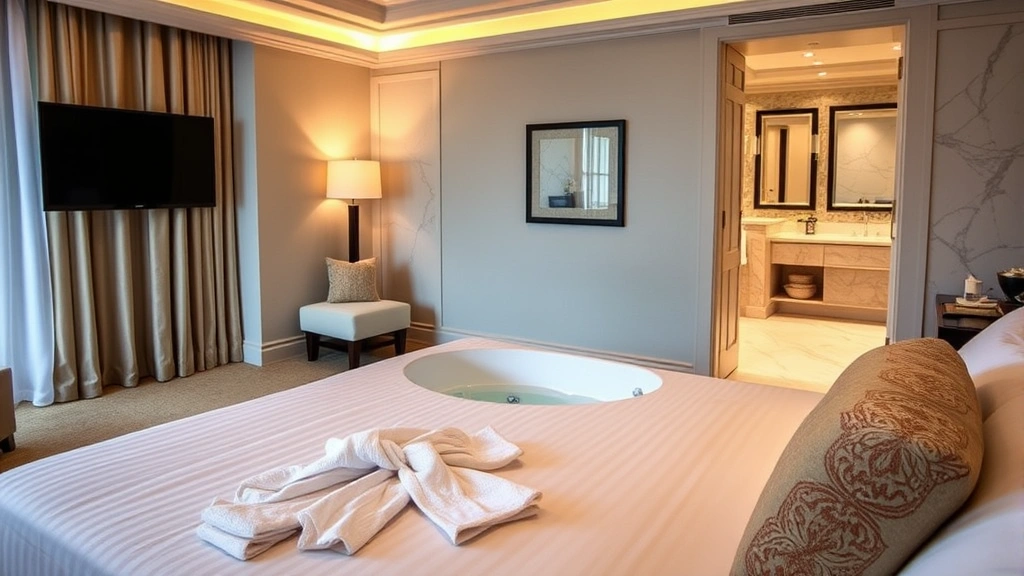 Premium resort bedroom with sunken in-room jacuzzi tub visible from bed, soft lighting, plush robes draped nearby, elegant bathroom with marble finishes and luxury amenities