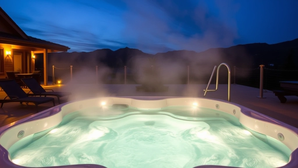 Luxurious outdoor hot tub at dusk with steam rising, surrounded by loungers and ambient lighting, mountain landscape backdrop, no visible text or signage