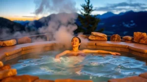 Serene outdoor hot tub surrounded by natural stone, steam rising, mountains visible in background, evening lighting, person relaxing in warm water with peaceful expression