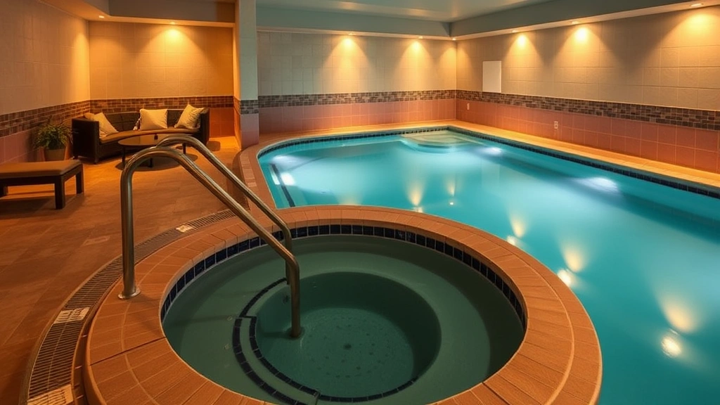 Modern indoor hot tub facility with tile surroundings, comfortable seating area adjacent, warm lighting creating relaxing atmosphere, no visible addresses or identifying text