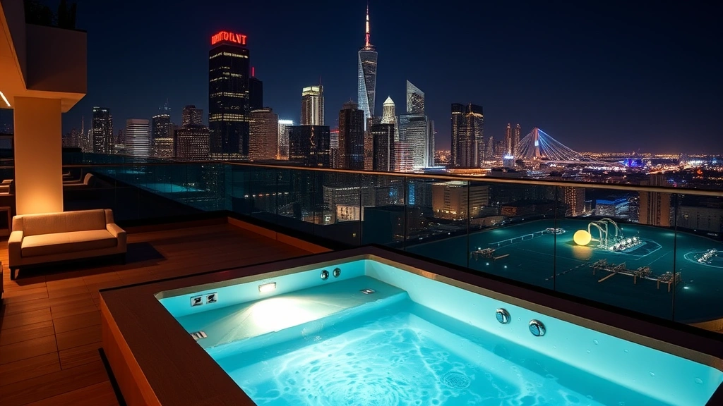 Modern hotel rooftop hot tub with city skyline at night, ambient lighting, clean water, comfortable seating area nearby, urban luxury setting