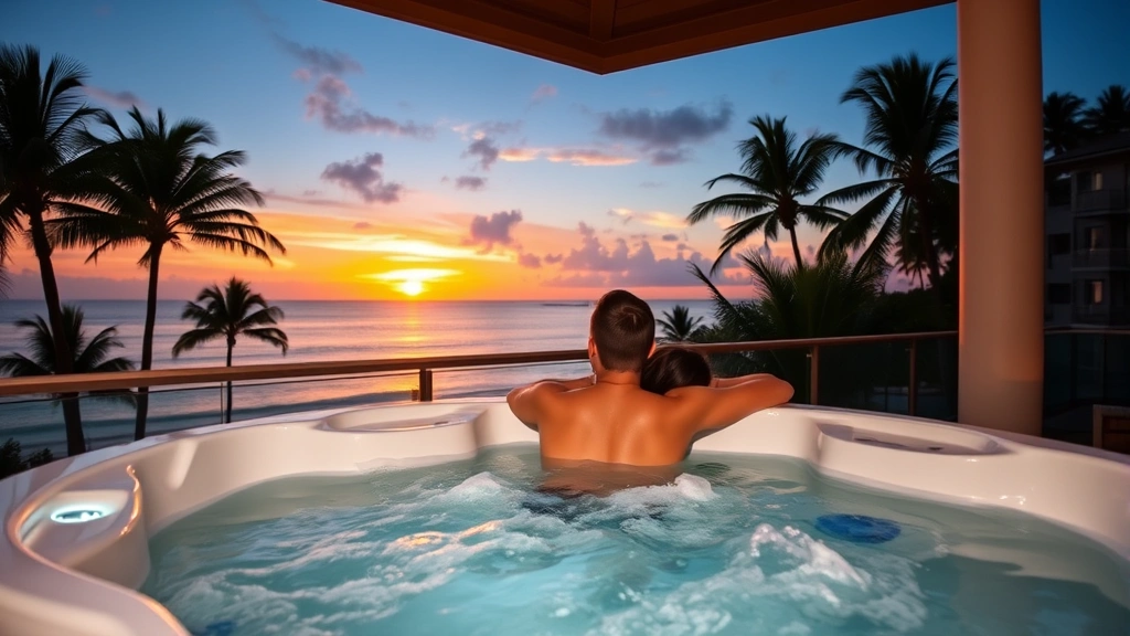 Couple enjoying private hot tub on resort balcony, tropical setting, sunset view, palm trees visible, therapeutic water jets, romantic atmosphere
