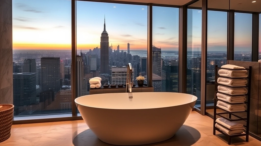 Luxurious modern bathroom with freestanding white soaking tub positioned near large window overlooking city skyline at dusk, soft warm lighting, fluffy white towels on rack, spa ambiance