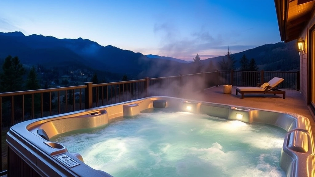 Resort-style outdoor hot tub on private balcony with mountain vista backdrop, steam rising from water, ambient lighting, comfortable lounge chairs nearby, twilight setting