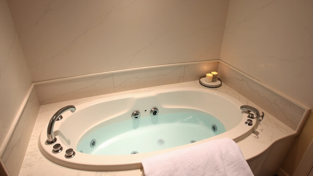 Upscale hotel bathroom featuring jetted tub with multiple water jets, marble surround, premium bath products displayed on shelf, candles, plush bath mat, spa-like atmosphere