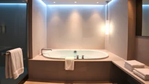 Luxurious modern hotel bathroom with large built-in jacuzzi tub, ambient lighting, fluffy white towels draped nearby, contemporary tile work, minimalist elegant design