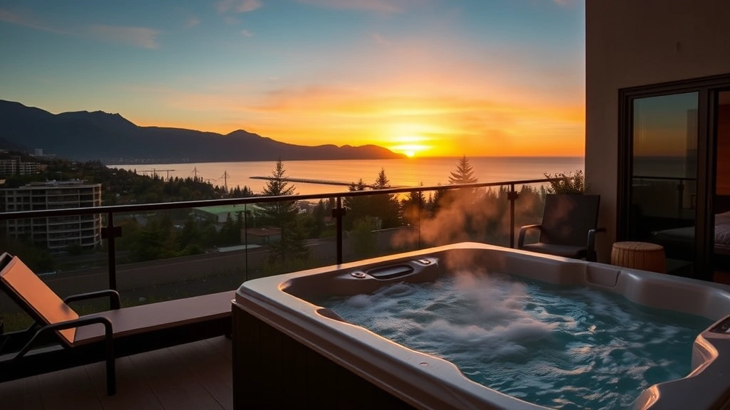 Upscale resort suite balcony featuring private outdoor hot tub at sunset, mountain or ocean views in background, steam rising from water, comfortable lounge chairs nearby