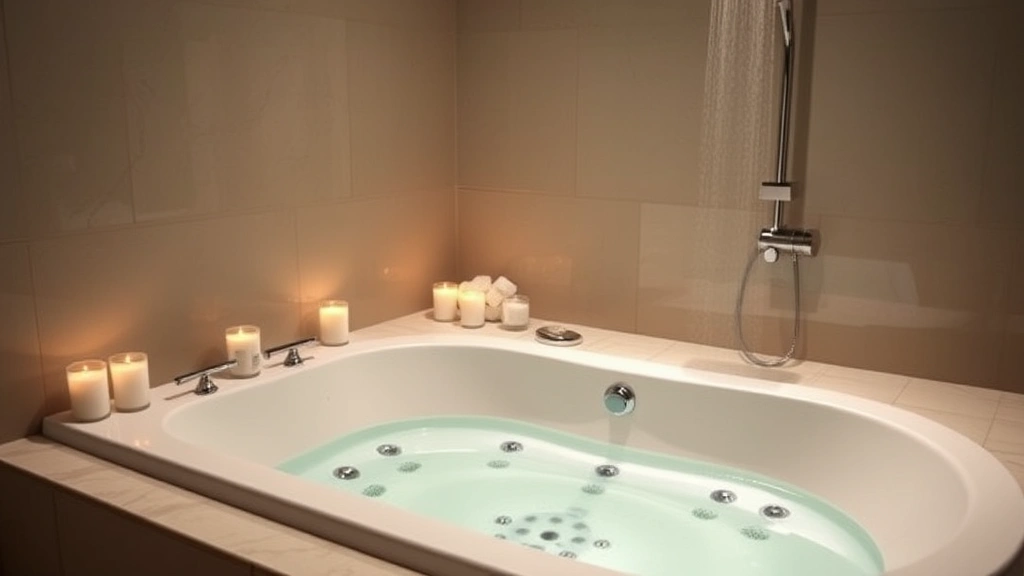 Spa-inspired hotel room bathroom with soaking tub and jet system, candles, bath salts, premium fixtures, rainfall showerhead visible, serene neutral color palette