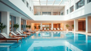 Modern hotel indoor swimming pool with crystal clear water, bright lighting, comfortable lounge chairs arranged poolside, potted plants, glass ceiling or windows showing natural light, guests relaxing on deck chairs, professional photography, no text or signage visible, contemporary architecture