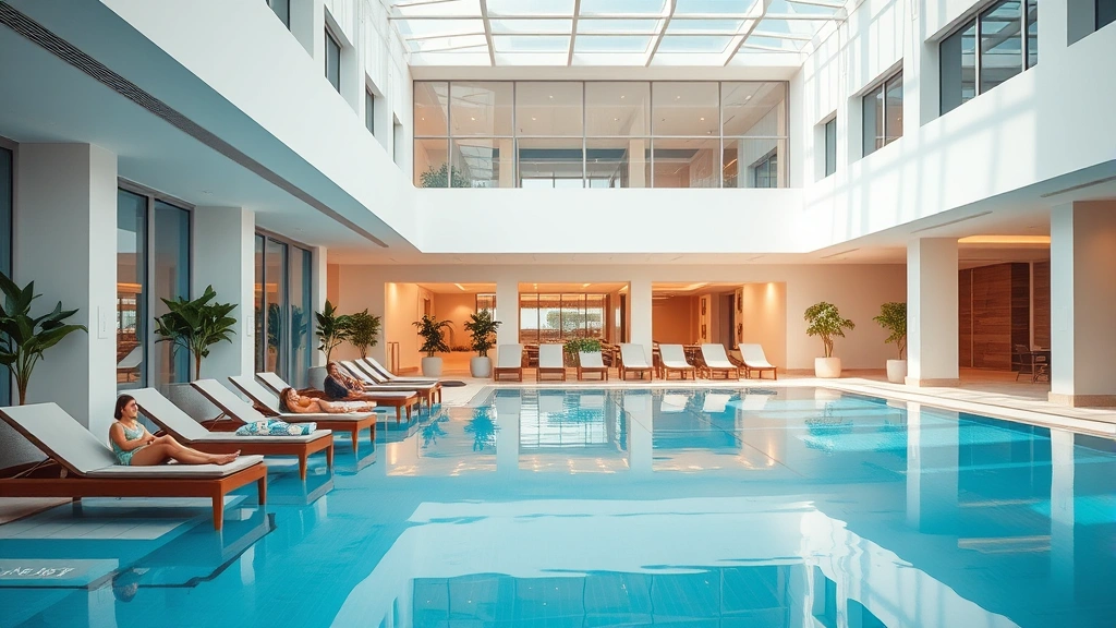 Modern hotel indoor swimming pool with crystal clear water, bright lighting, comfortable lounge chairs arranged poolside, potted plants, glass ceiling or windows showing natural light, guests relaxing on deck chairs, professional photography, no text or signage visible, contemporary architecture