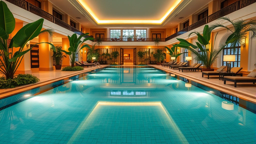 Luxury resort indoor pool facility with heated water, elegant tile work, tropical plants surrounding pool area, comfortable seating zones, soft ambient lighting, clean pool deck, guests enjoying the space, upscale hospitality environment, professional quality photography