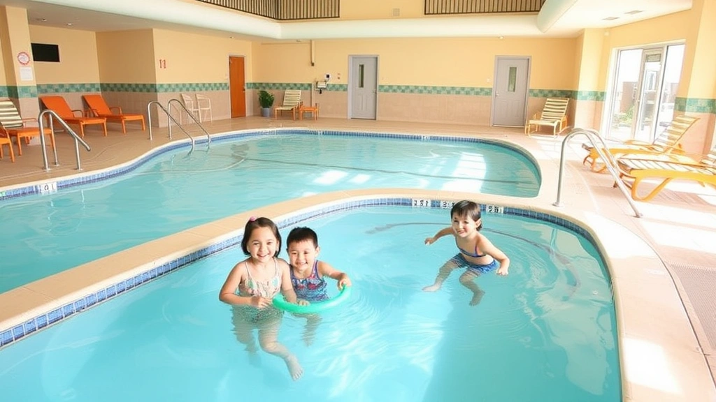 Family-friendly hotel indoor pool area with shallow children's section, safety railings, non-slip deck surfaces, bright welcoming atmosphere, lounge seating nearby, clean facilities, natural or bright artificial lighting, inclusive recreational space, hospitality-focused environment