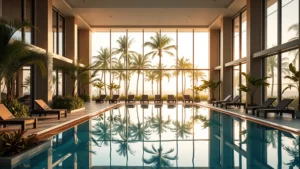 Modern hotel indoor swimming pool with palm trees visible through large windows, tropical plants surrounding the water, lounge chairs on the deck, warm afternoon lighting, contemporary resort architecture