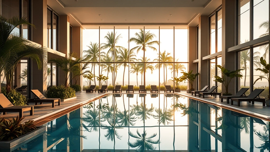 Modern hotel indoor swimming pool with palm trees visible through large windows, tropical plants surrounding the water, lounge chairs on the deck, warm afternoon lighting, contemporary resort architecture
