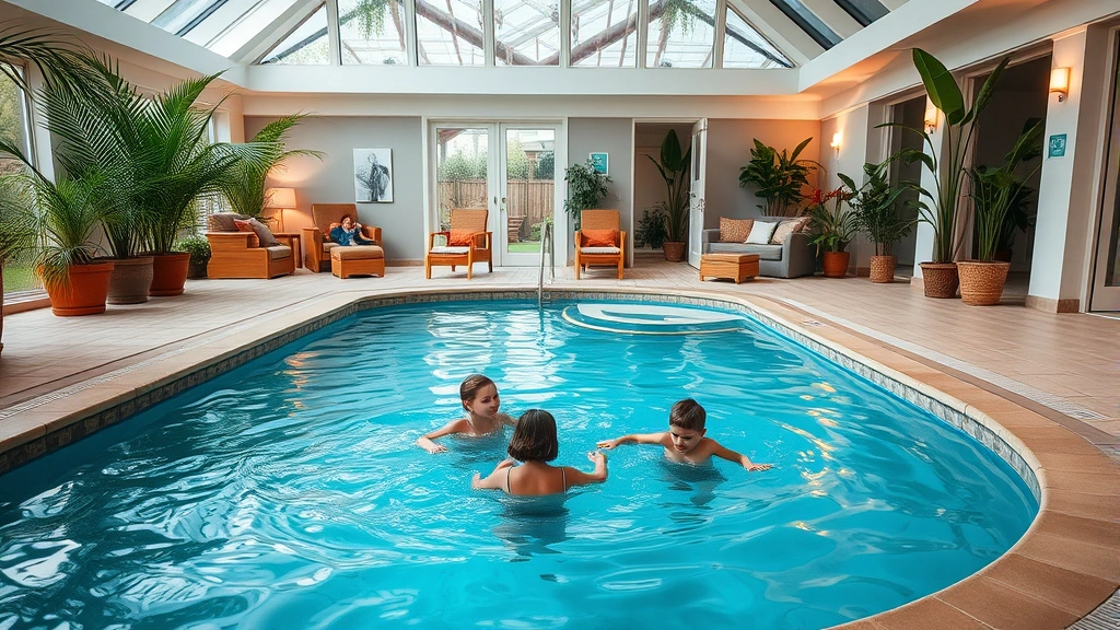 Family enjoying indoor heated pool area, children playing in shallow end, parents relaxing on comfortable seating, indoor tropical ambiance with plants and warm lighting, bright and welcoming atmosphere