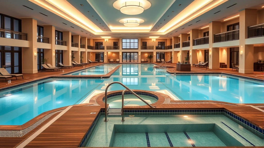 Luxury resort indoor pool facility with elegant design, multiple pool sections, hot tub area, wooden decking, professional maintenance visible, upscale furnishings and contemporary architecture, calm water reflecting ceiling lights