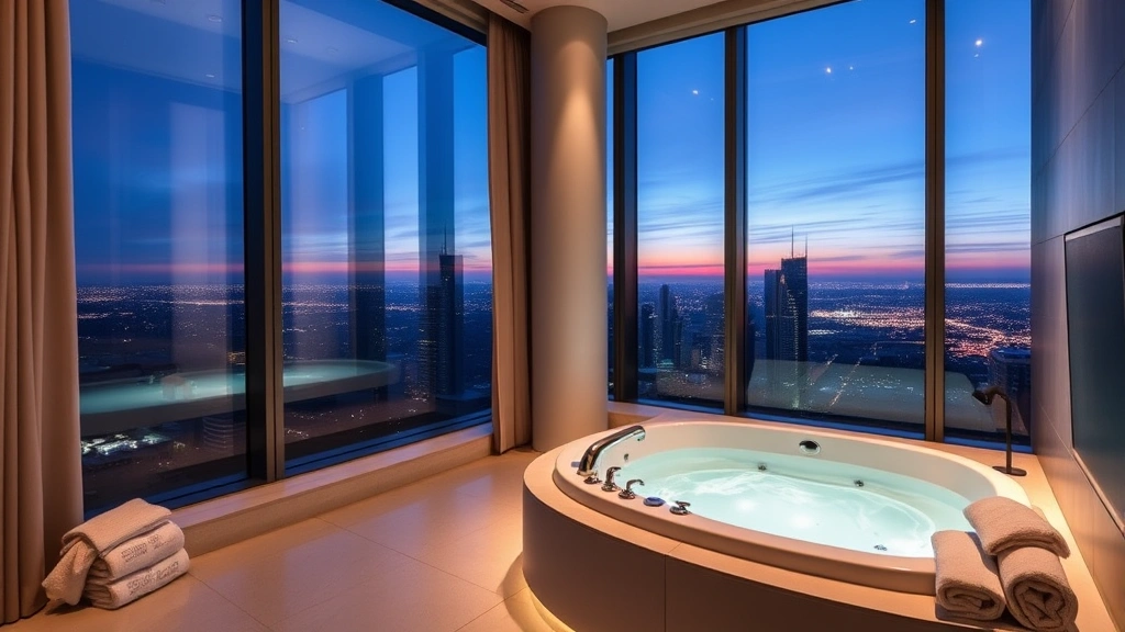 Modern luxury hotel suite interior with private sunken jacuzzi tub beside floor-to-ceiling windows overlooking city skyline at dusk, soft ambient lighting, fluffy towels nearby