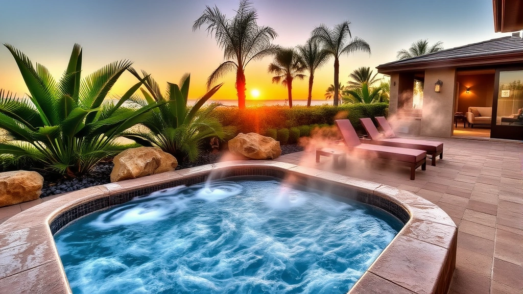 Outdoor resort jacuzzi surrounded by tropical plants and stone landscaping, steaming water with jets visible, lounge chairs positioned nearby, sunset in background