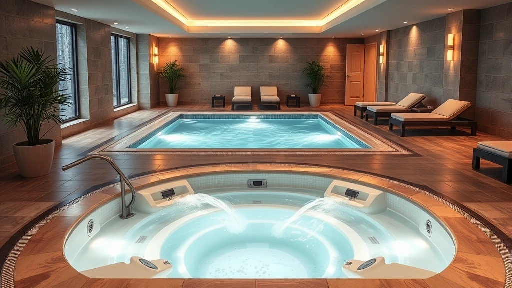 Spa facility interior featuring large communal jacuzzi with multiple jet stations, elegant tile work, ambient lighting, potted plants, clean and serene atmosphere