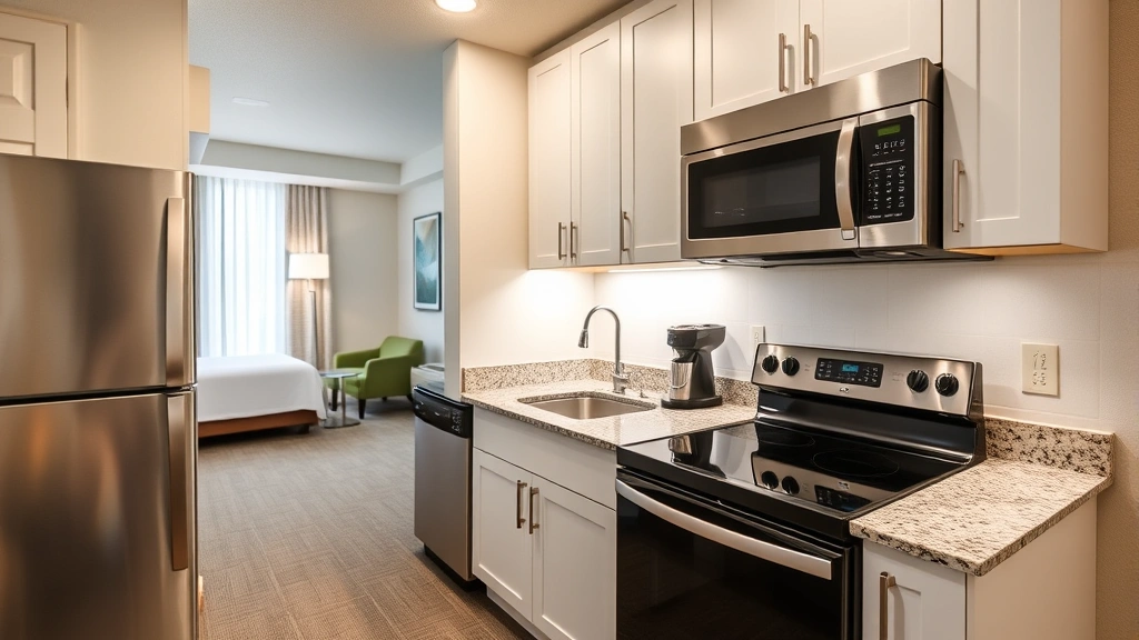Modern hotel kitchenette with stainless steel appliances, white cabinetry, granite countertops, and contemporary lighting, showing full stovetop, microwave, and refrigerator in spacious room setting