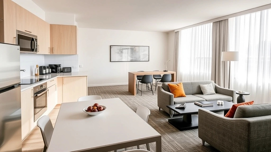 Spacious hotel suite kitchen area with dining table, full kitchen appliances, bright windows with natural light, minimalist contemporary design, residential-style furnishings and comfortable seating area