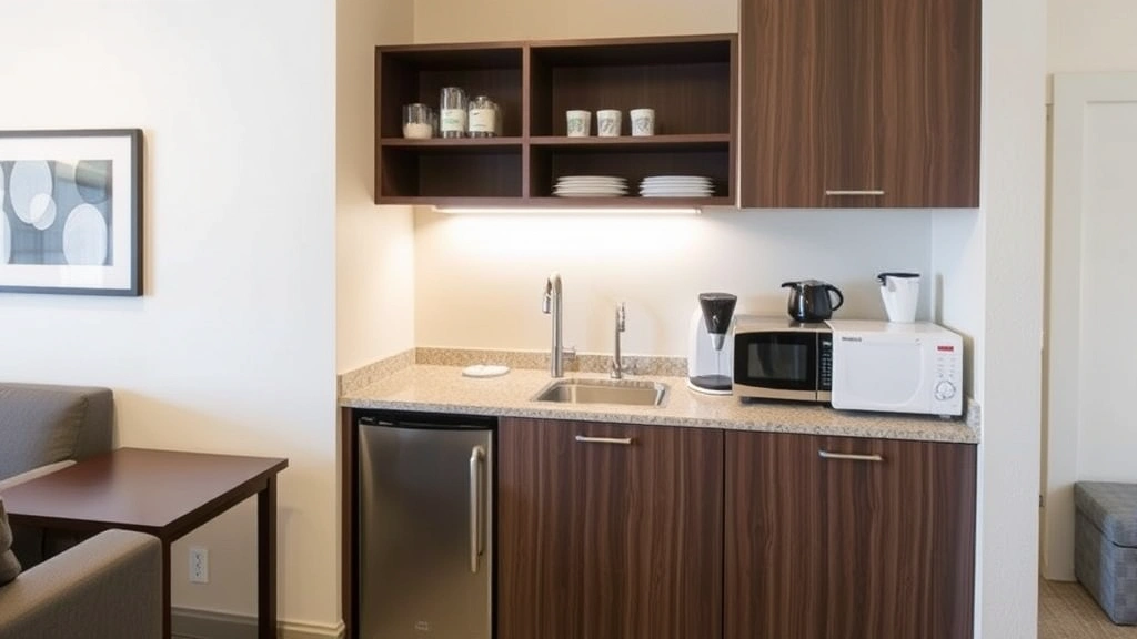 Extended-stay hotel kitchenette featuring efficient layout with compact appliances, ample counter space, open shelving, modern fixtures, and clean contemporary aesthetic suitable for temporary residential living