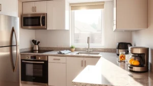 Modern hotel kitchenette with stainless steel appliances, white cabinetry, and granite countertops, natural morning light streaming through window, fresh fruit and coffee setup visible on counter, contemporary residential style, photorealistic