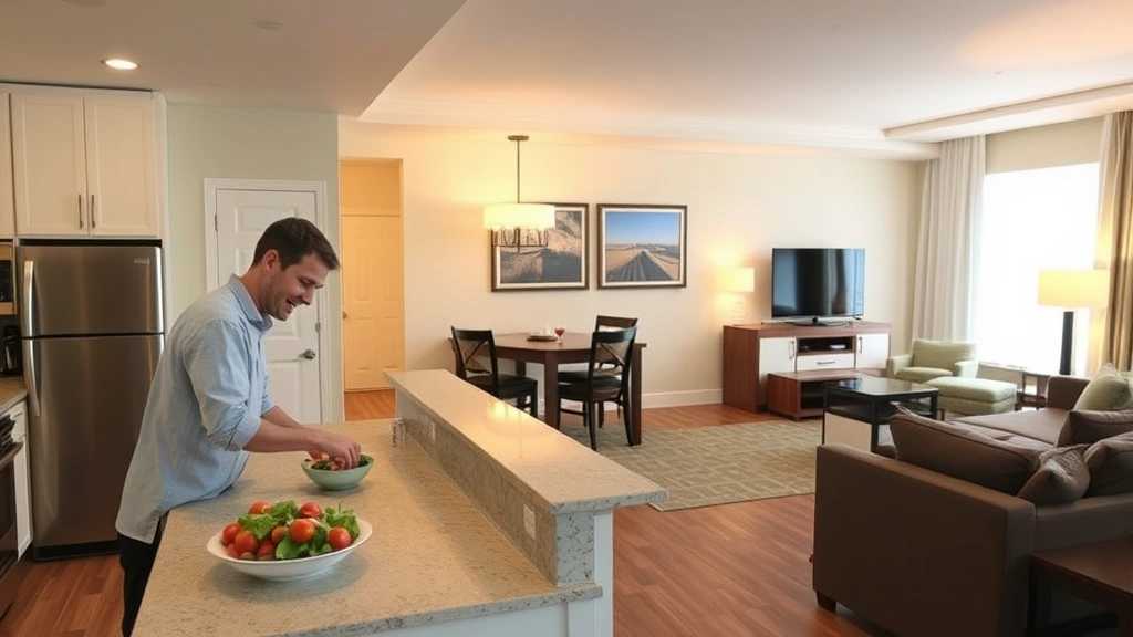 Spacious extended stay hotel suite showing full kitchen with dining area, comfortable living space with sofa, warm ambient lighting, modern furnishings, guest preparing fresh salad at counter, homey residential atmosphere