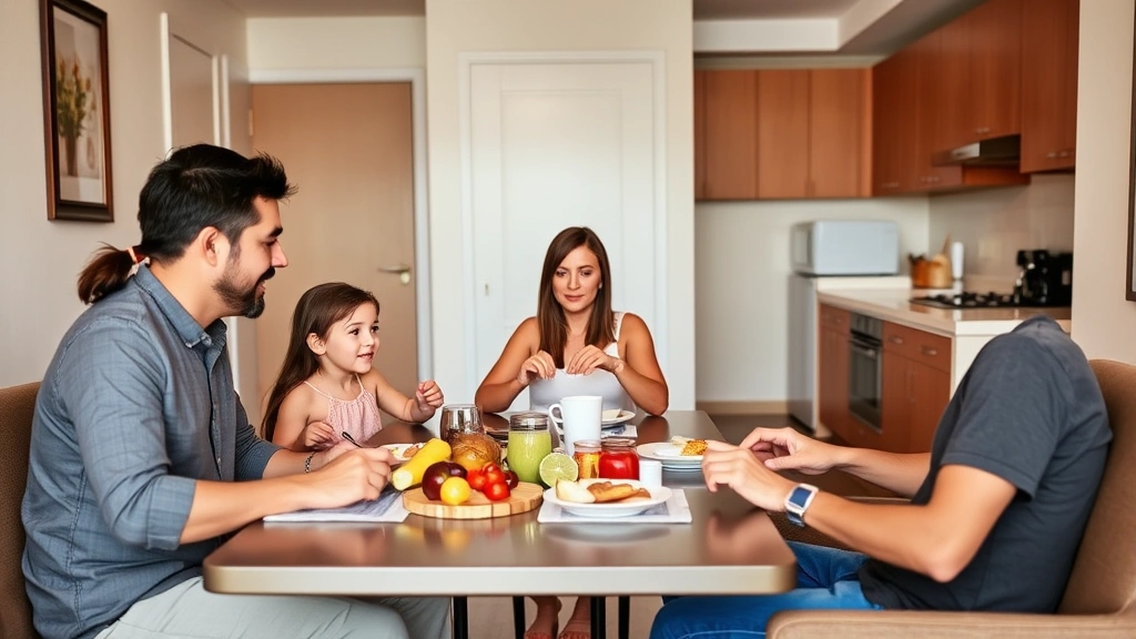 Budget-conscious family of four enjoying breakfast together in bright hotel kitchenette, fresh groceries and prepared meal visible, comfortable seating area adjacent to kitchen, warm welcoming environment, authentic travel experience captured