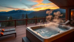 Upscale resort suite with large private outdoor hot tub on a wooden deck overlooking mountains at sunset, steam rising from water, lounge chairs nearby, alpine forest background